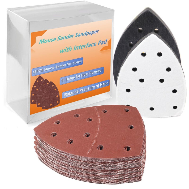 CKFCXC 48pcs 152 * 105mm Sand Paper Mouse Sander Sandpaper 40-2000 Grits with 2pcs Detail Sander Paper Interface Pad Hook and Loop Triangle Sanding Pads with 11 Holes for Sanding Machine - Image 1